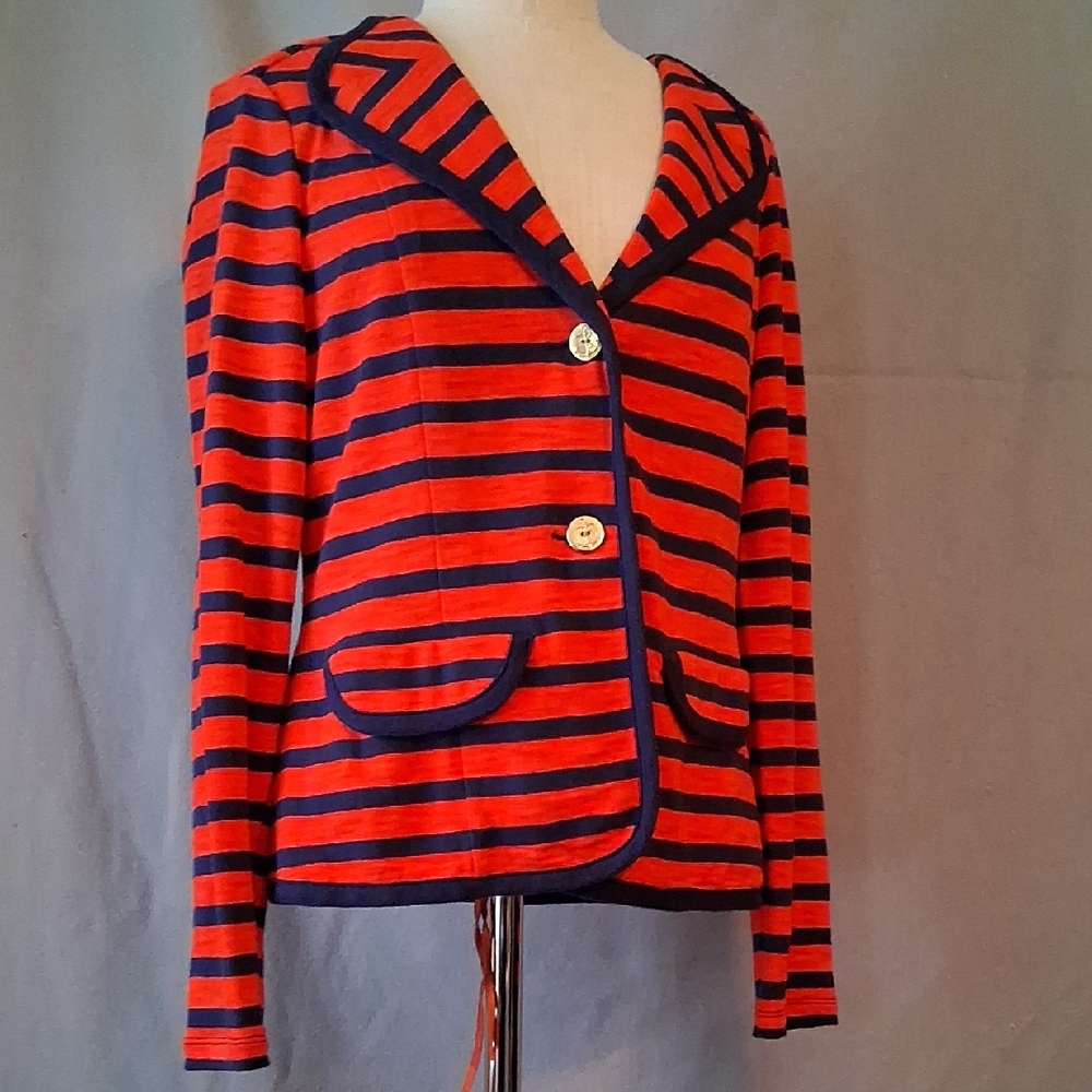 CAbi navy and red striped knit unlined blazer-sz M